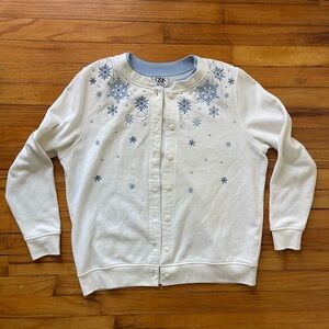Women's Cream Cardigan with Blue Snowflake Design